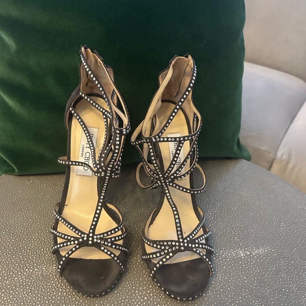 Jimmy Choo Black Strappy Heels with Rhinestones